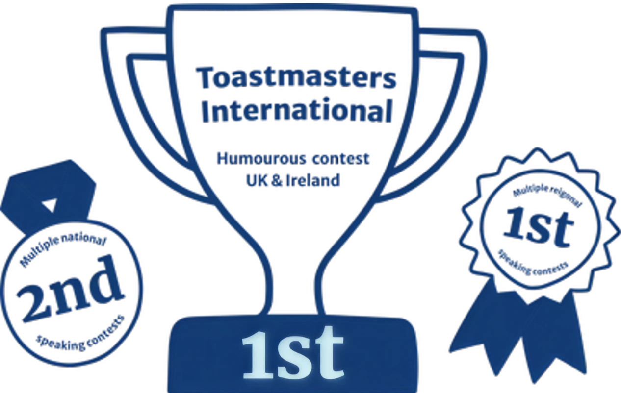 Trophy and award ribbons for Toastmasters contest